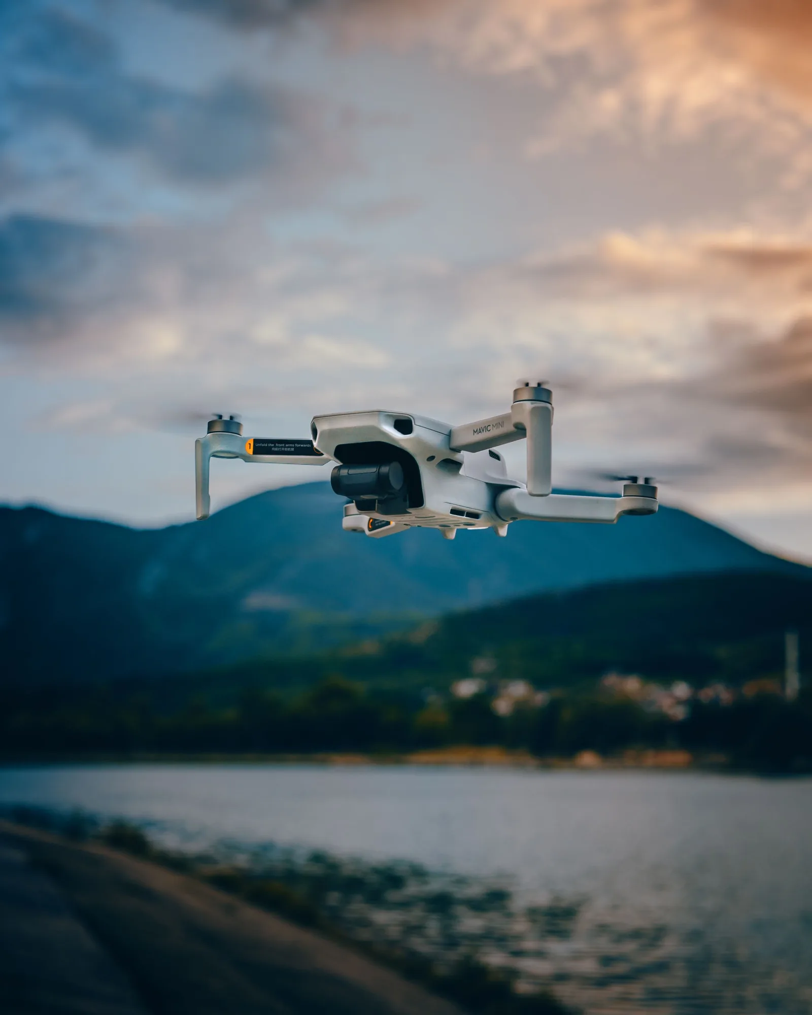Drone flying over a mountain lake